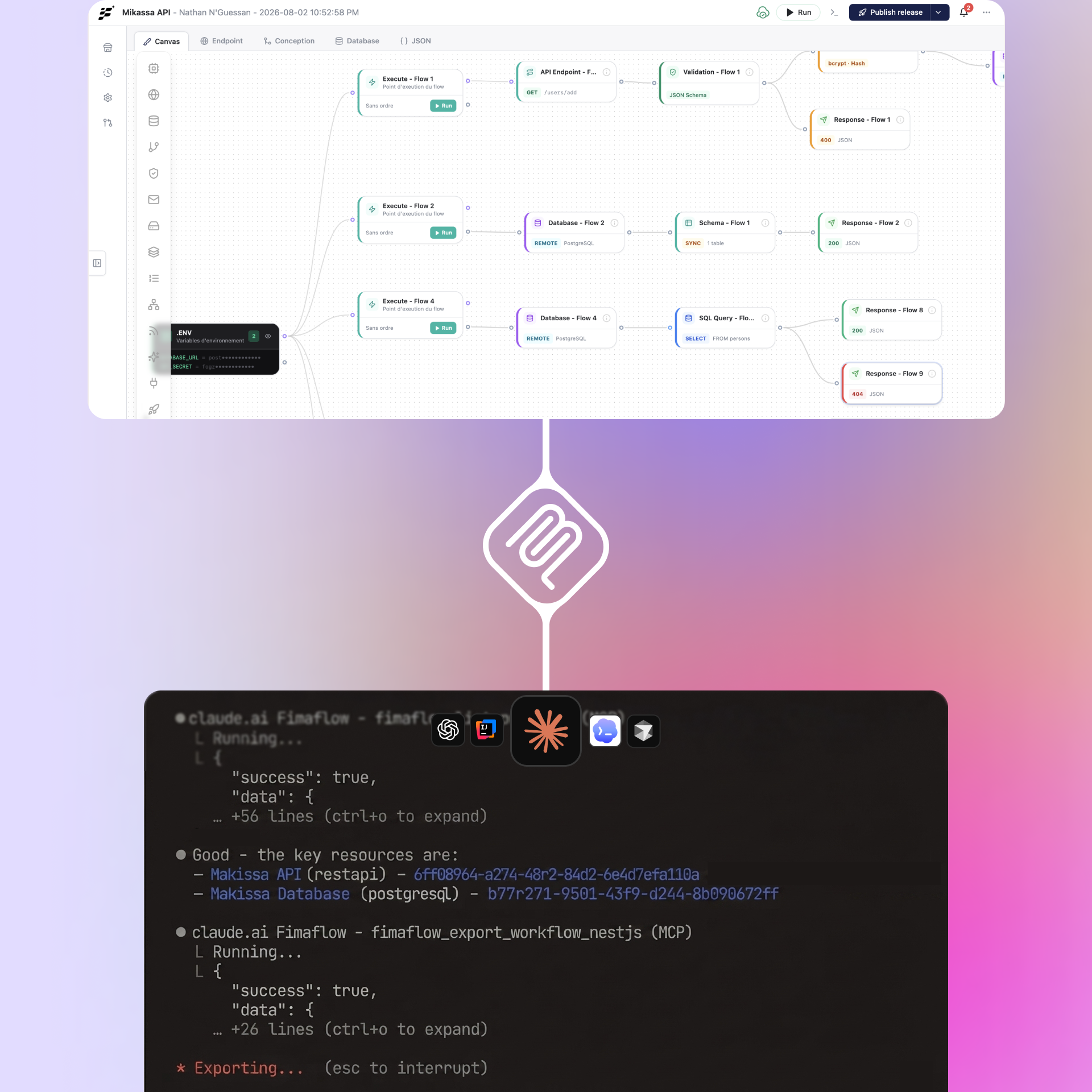 Fimaflow workflow being exported through an MCP call from an AI coding agent
